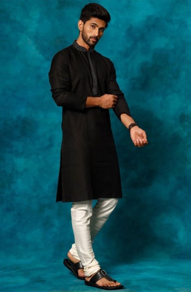 Black Cotton Blend Kurta Set