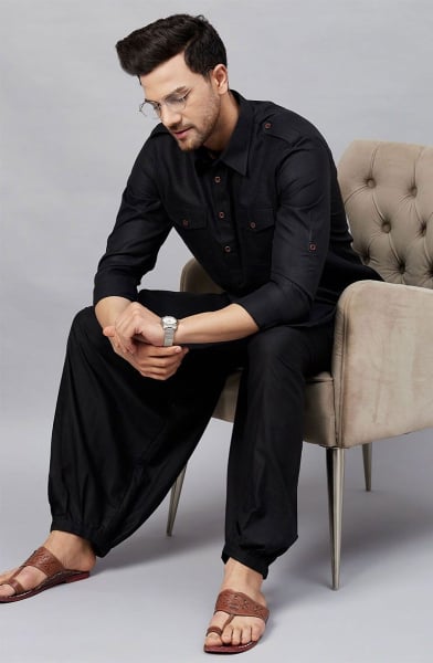 Black Cotton Blend Pathani Kurta Set