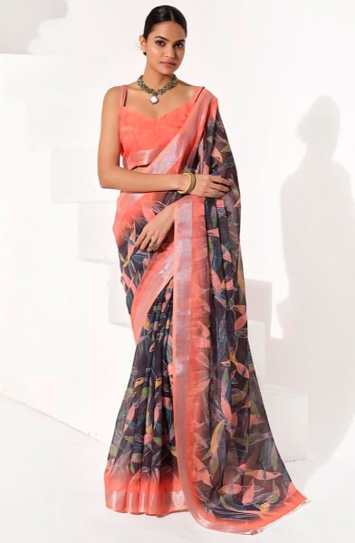Black Cotton Blend Printed Saree