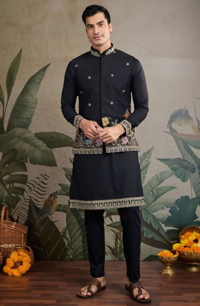 Black Cotton Kurta Set with Embroidered Jacket