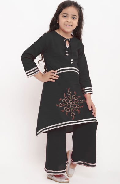 Black Cotton Rayon Readymade Suit for Girls
