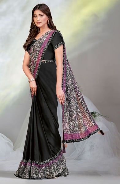 Black Crepe Satin Silk Ready to Wear Designer Saree