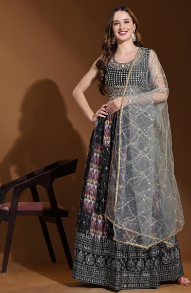 Black Crush Chinnon Lehenga Choli Set for Party
