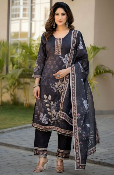 Black Digital Print Chinnon Pant Kameez