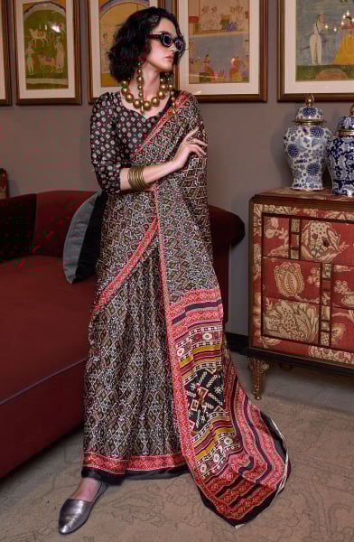 Black Digital Print Satin Crepe Saree