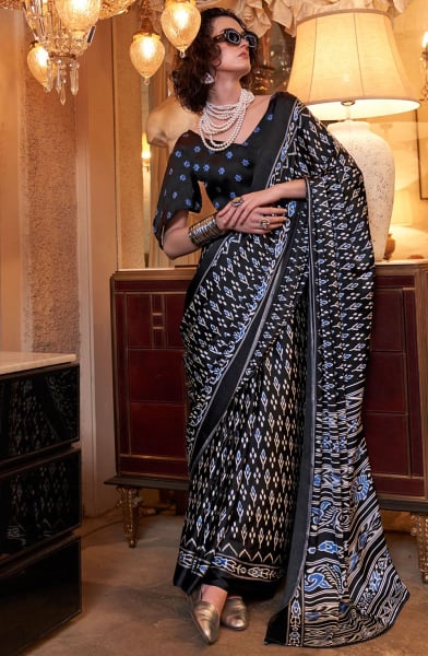 Black Digital Print Satin Crepe Saree