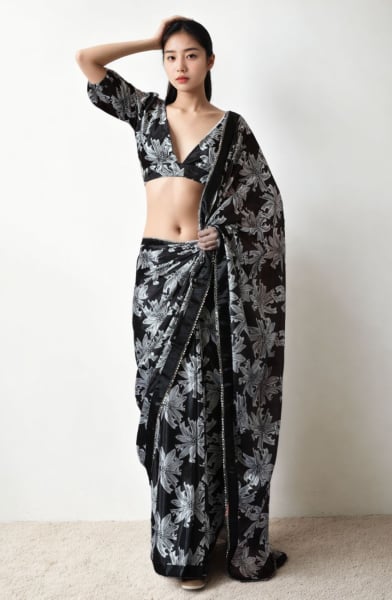 Black Digital Printed Party Wear Saree