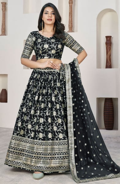 Black Dola Jacquard Lehenga Choli with Net Dupatta