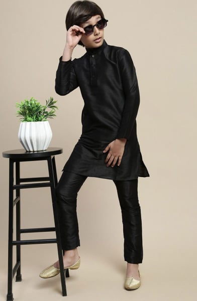 Black Dupion Silk Boys Kurta Set