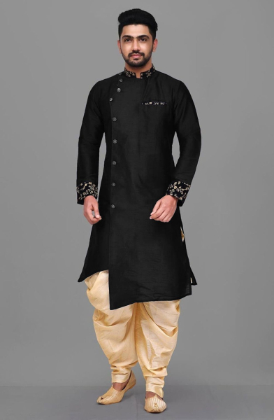 Black Dupion Silk Dhoti Kurta Set