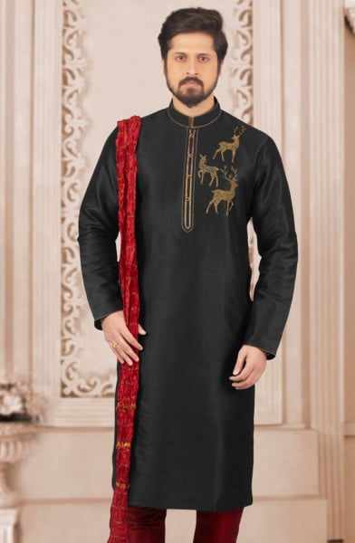 Black Dupion Silk Mens Kurta