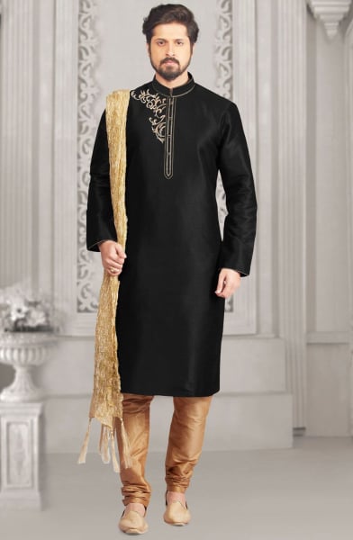 Black Dupion Silk Mens Kurta