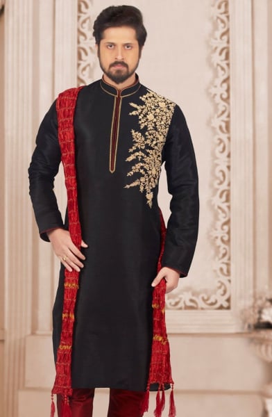 Black Dupion Silk Mens Kurta
