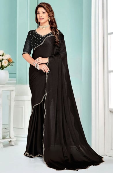 Black Embellished Satin Chiffon Silk Saree