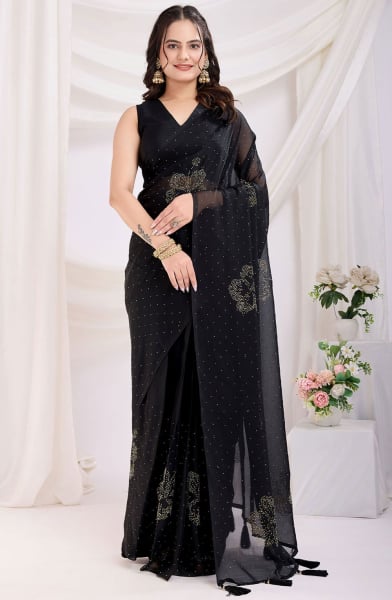 Black Embellished Silk Ready to Wear Saree