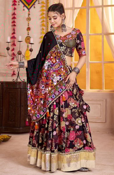 Black Embellished Viscose Cotton Chaniya Choli