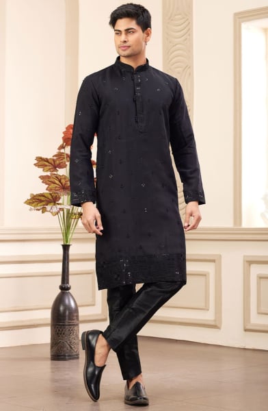 Black Embroidered Art Silk Kurta Set