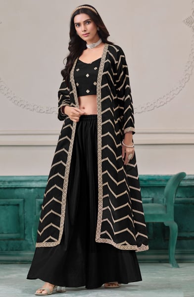 Black Embroidered Chinnon IndoWestern