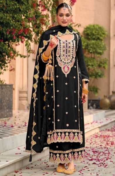 Black Embroidered Chinnon Palazzo Kameez