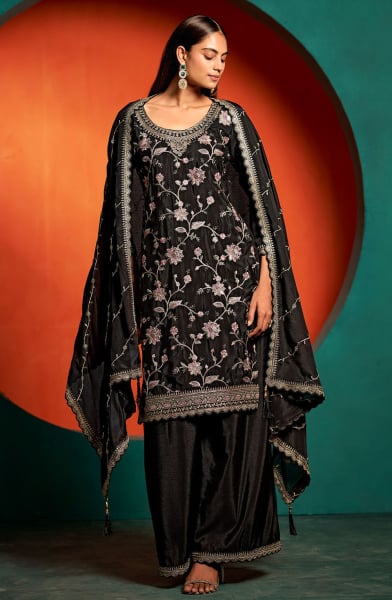 Black Embroidered Chinnon Palazzo Kameez