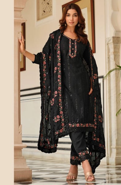 Black Embroidered Chinnon Pant Kameez