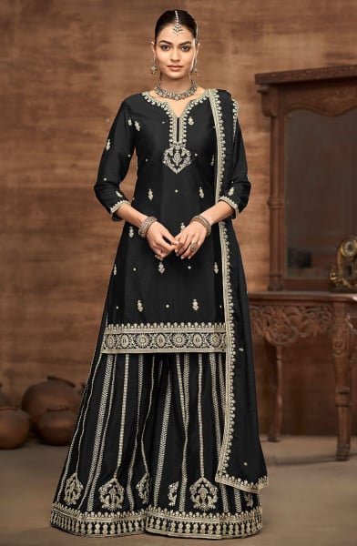 Black Embroidered Chinnon Silk Palazzo Kameez