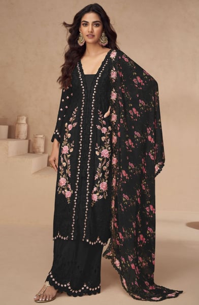 Black Embroidered Chinnon Silk Palazzo Kameez