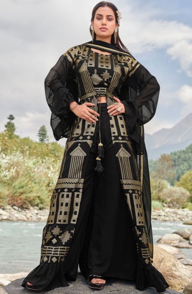 Black Embroidered Faux Georgette Indo Western