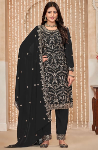 Black Embroidered Faux Georgette Pant Kameez