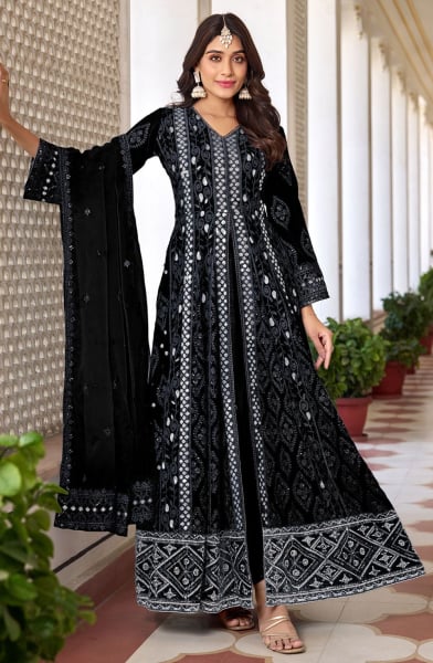 Black Embroidered Faux Georgette Pant Kameez