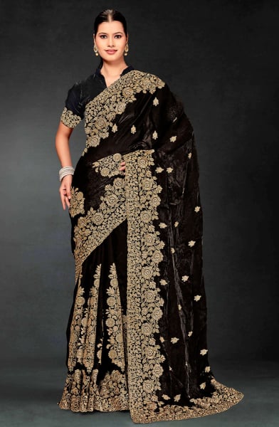 Black Embroidered Fendi Silk Saree