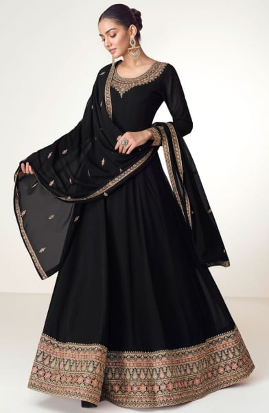 Black Embroidered Georgette Anarkali Gown with Dupatta for Ceremonial