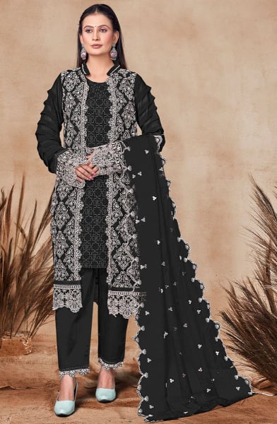 Black Embroidered Georgette Pant Kameez with Jacket