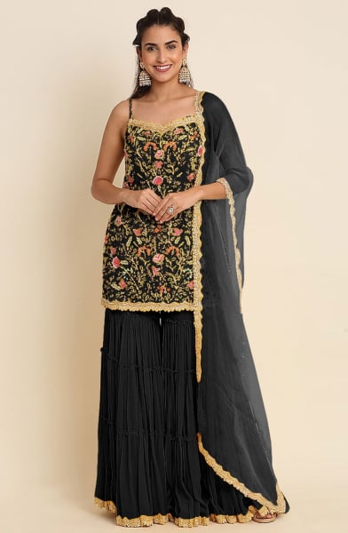 Black Embroidered Georgette Sarara Kameez