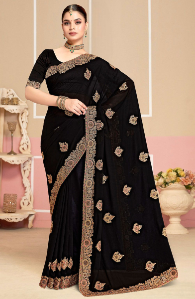 Black Embroidered Georgette Saree for Festival