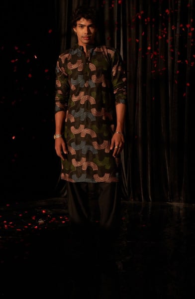 Black Embroidered Linen Kurta Set