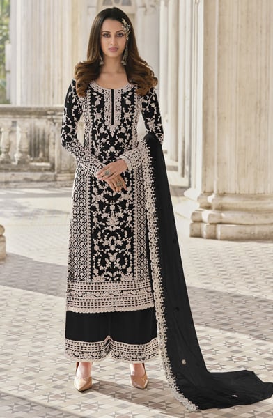 Black Embroidered Net Palazzo Kameez