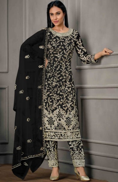 Black Embroidered Net Pant Kameez for Festival
