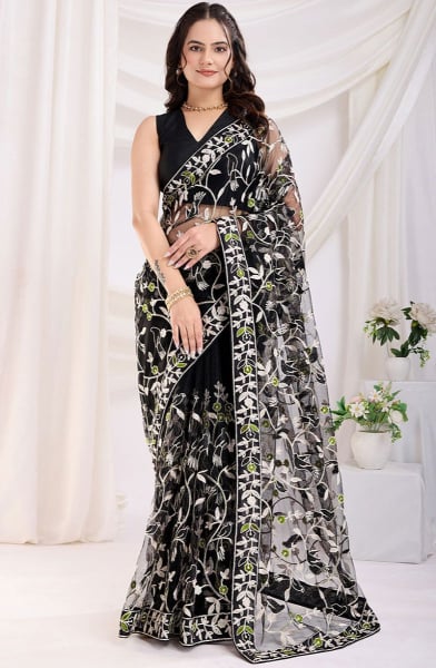 Black Embroidered Net Saree for Party