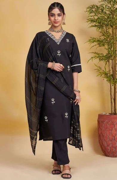 Black Embroidered Roman Silk Readymade Suit