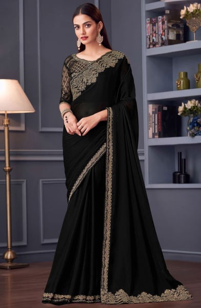 Black Embroidered Satin Chiffon Designer Saree