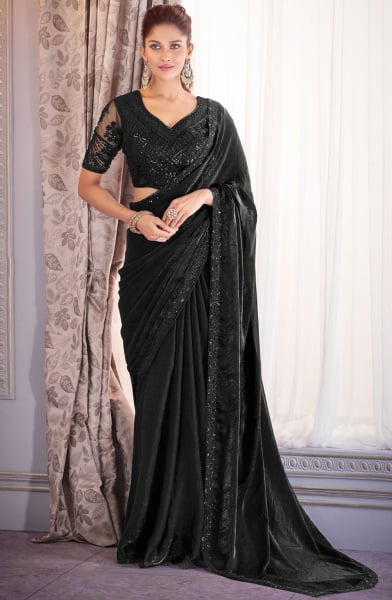 Black Embroidered Satin Organza Designer Saree