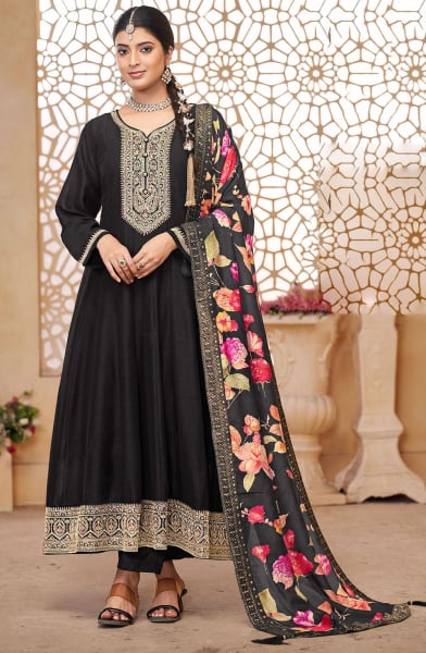 Black Embroidered Silk Anarkali Dress for Festival