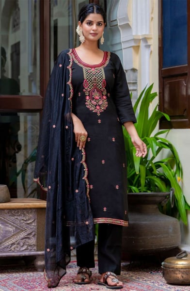 Black Embroidered Silk Blend Readymade Suit