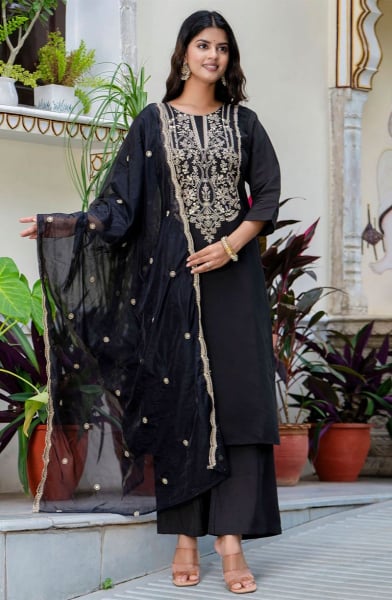 Black Embroidered Silk Blend Readymade Suit