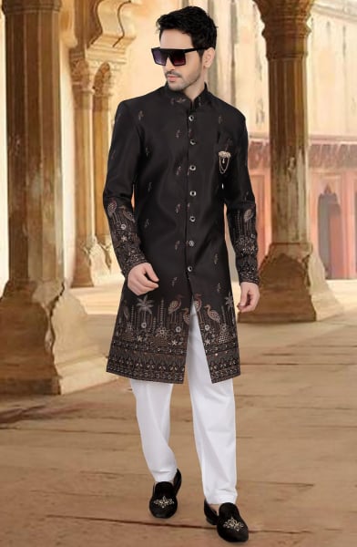 Black Embroidered Silk Designer Indo Western