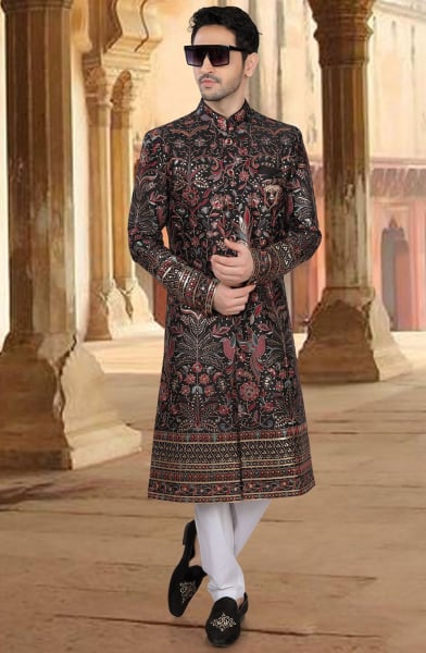 Black Embroidered Silk Designer Sherwani