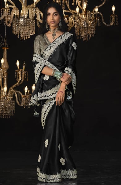 Black Embroidered Tissue Silk Designer Saree