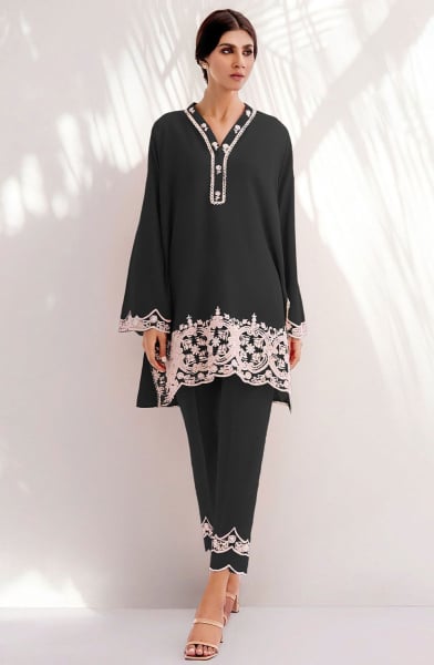 Black Embroidered Viscose Chanderi Co-Ord Set