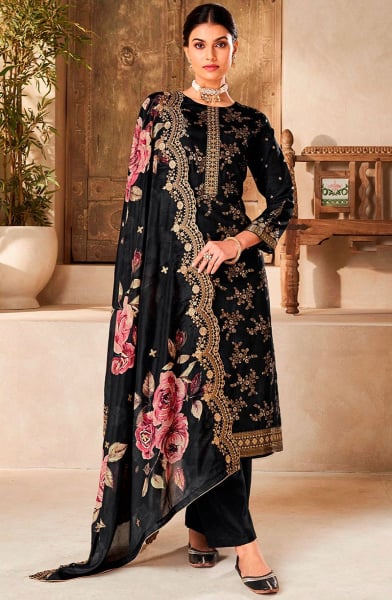 Black Embroidered Viscose Dola Silk Trouser Kameez